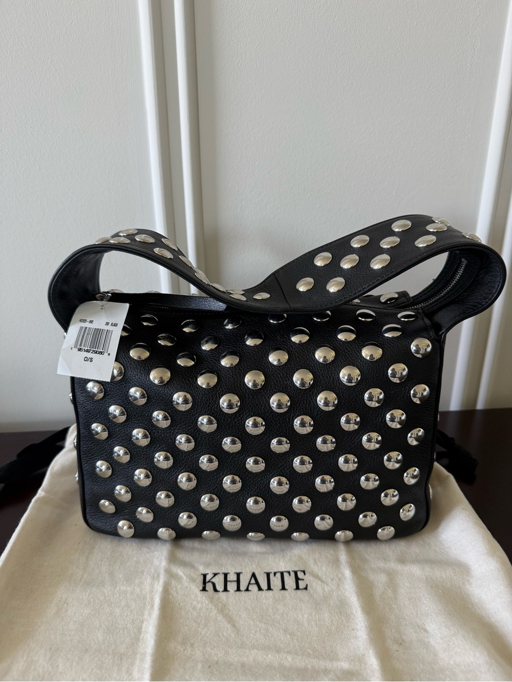 KHAITE Elena Black Leather Shoulder Bag with Silver Studs